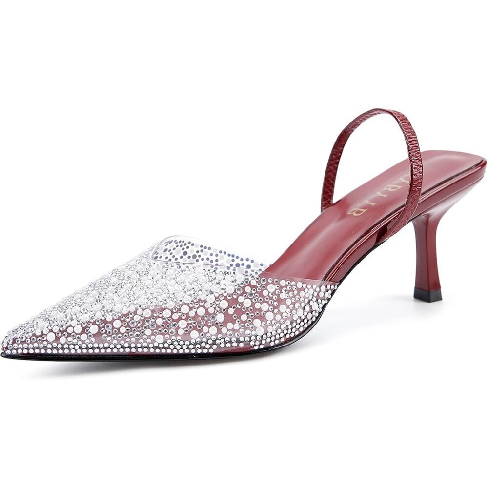 Women's Kitten Rhinestone Pointed Toe Pumps Slingback Heels Dress Shoes
